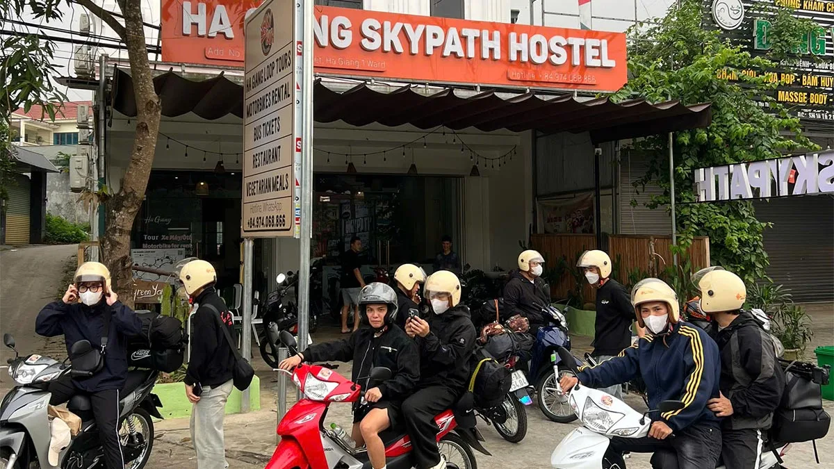 Motorbikes and travelers during a Ha Giang Loop tour