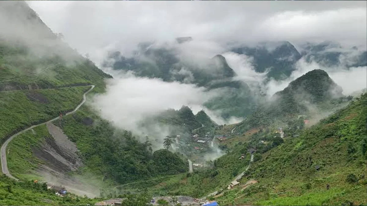 Misty mountain road in Ha Giang during winter